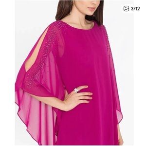 Xscape Fuchsia Overlay Dress with Slit Sleeves